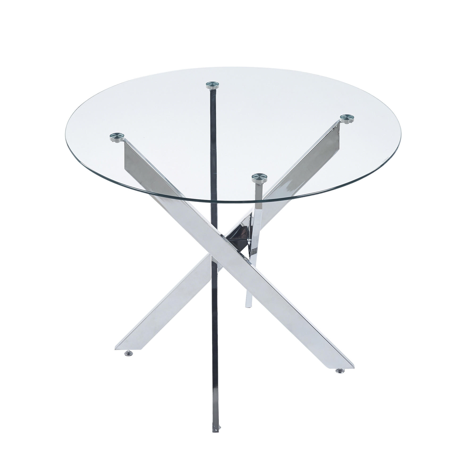 Modfu JÍDELNÍ stůl ze skla a kovu 80x80x75 cm stříbrný s kulatou deskou a stabilní křížovou podnoží