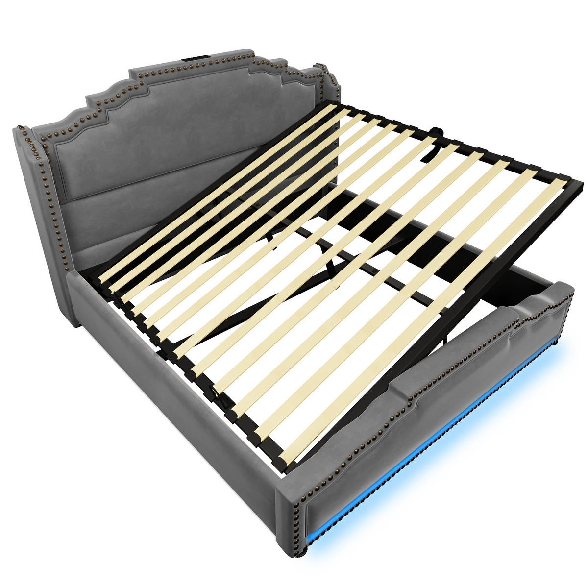 POLSTERBETT 140/200 cm Grau mit hydraulischem Stauraum, LED-Beleuchtung und USB-C-Anschlüssen - Grau, Textil (140/200cm) - OKWISH