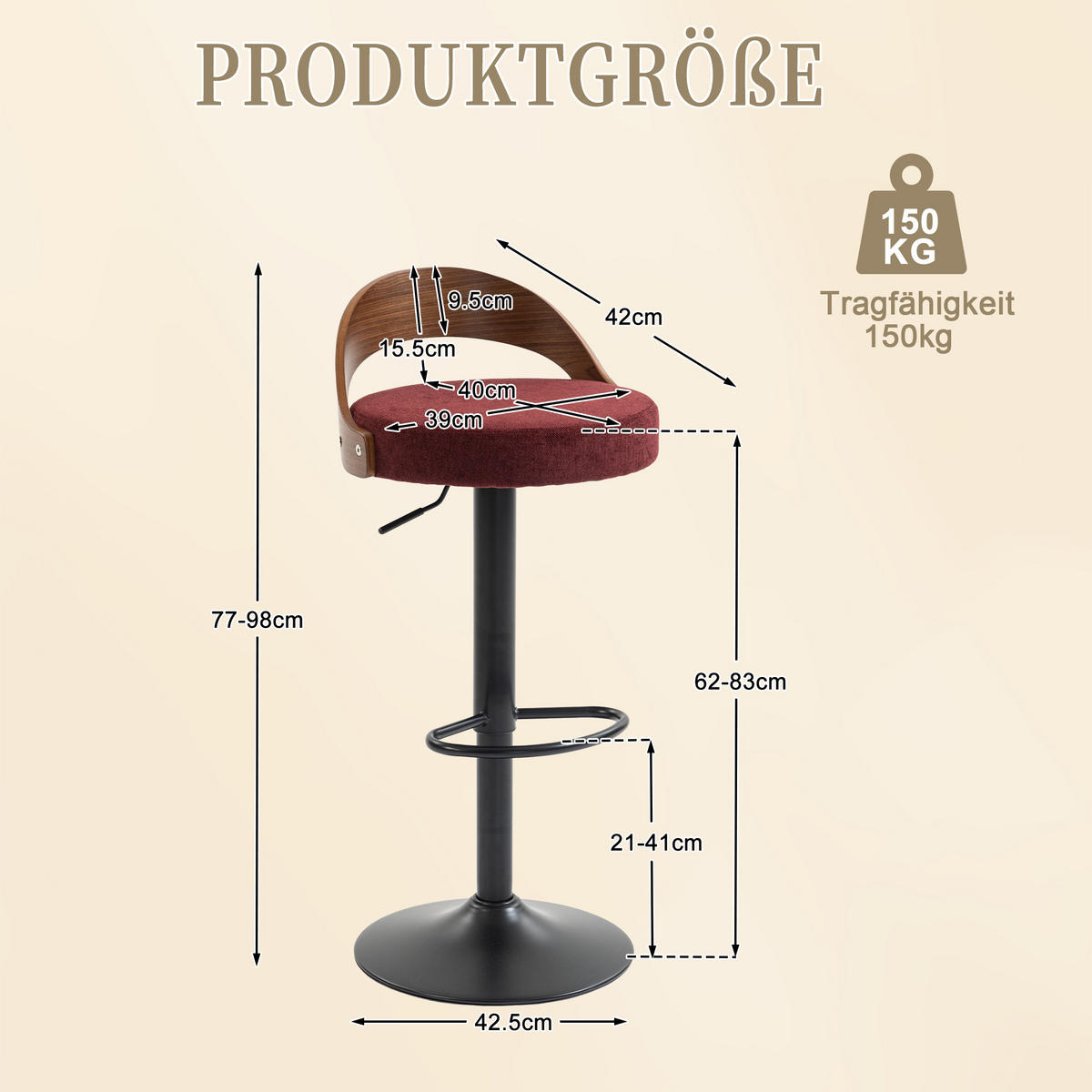 BARHOCKER 2er-Set Weinrot Drehbar Höhenverstellbar mit Armlehnen und PU-Leder - Weinrot, Textil (42.5/77/42cm) - PANGIVO