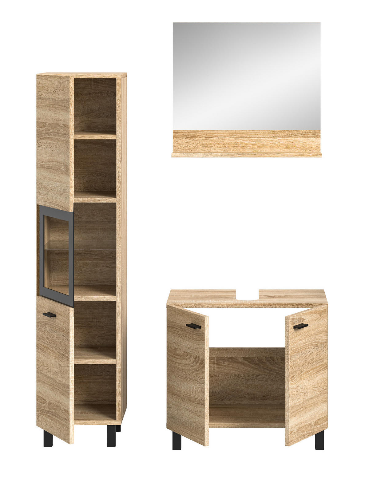 BADMÖBEL-SET Eiche 3-teilig 100 cm, Komplettset hängend oder stehend - Eichefarben/Schwarz, Glas/Holzwerkstoff (102/186/33cm) - Inn.Furn