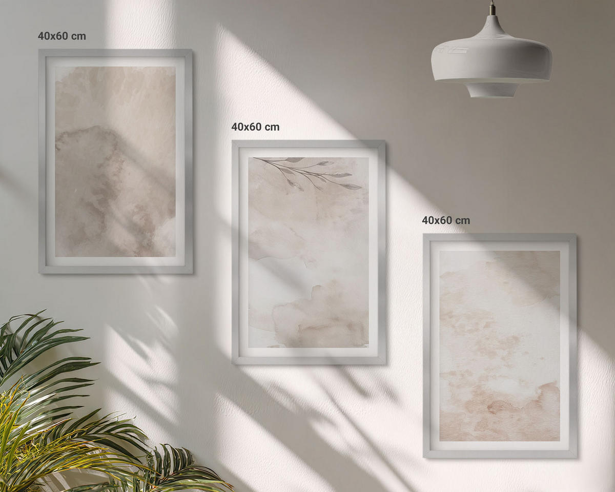 WANDBILDER 3er Set - 40x60 cm Silberner Rahmen - Verschüttete Boho-Aquarellfarben - Silberfarben, Kunststoff (40/60cm) - ArtPrintCave