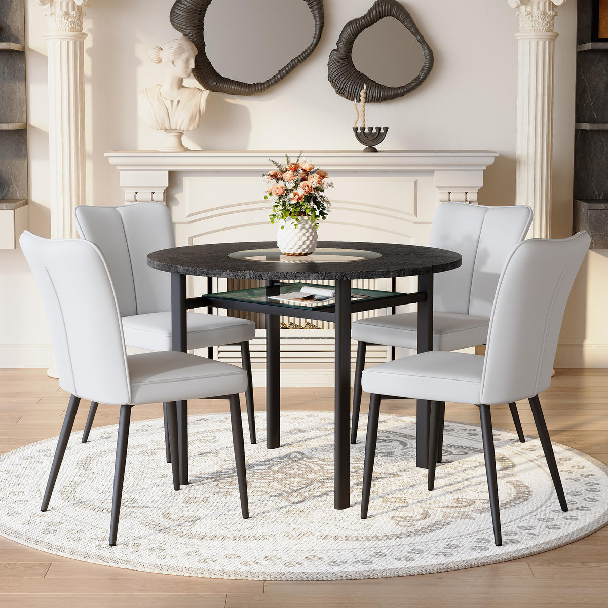 ESSGRUPPE DE-39380 5-teilig, mit 4 PU-Sesseln und Glasplatte Hellgrau - Hellgrau, Metall (100/76/100cm) - ComfortXL
