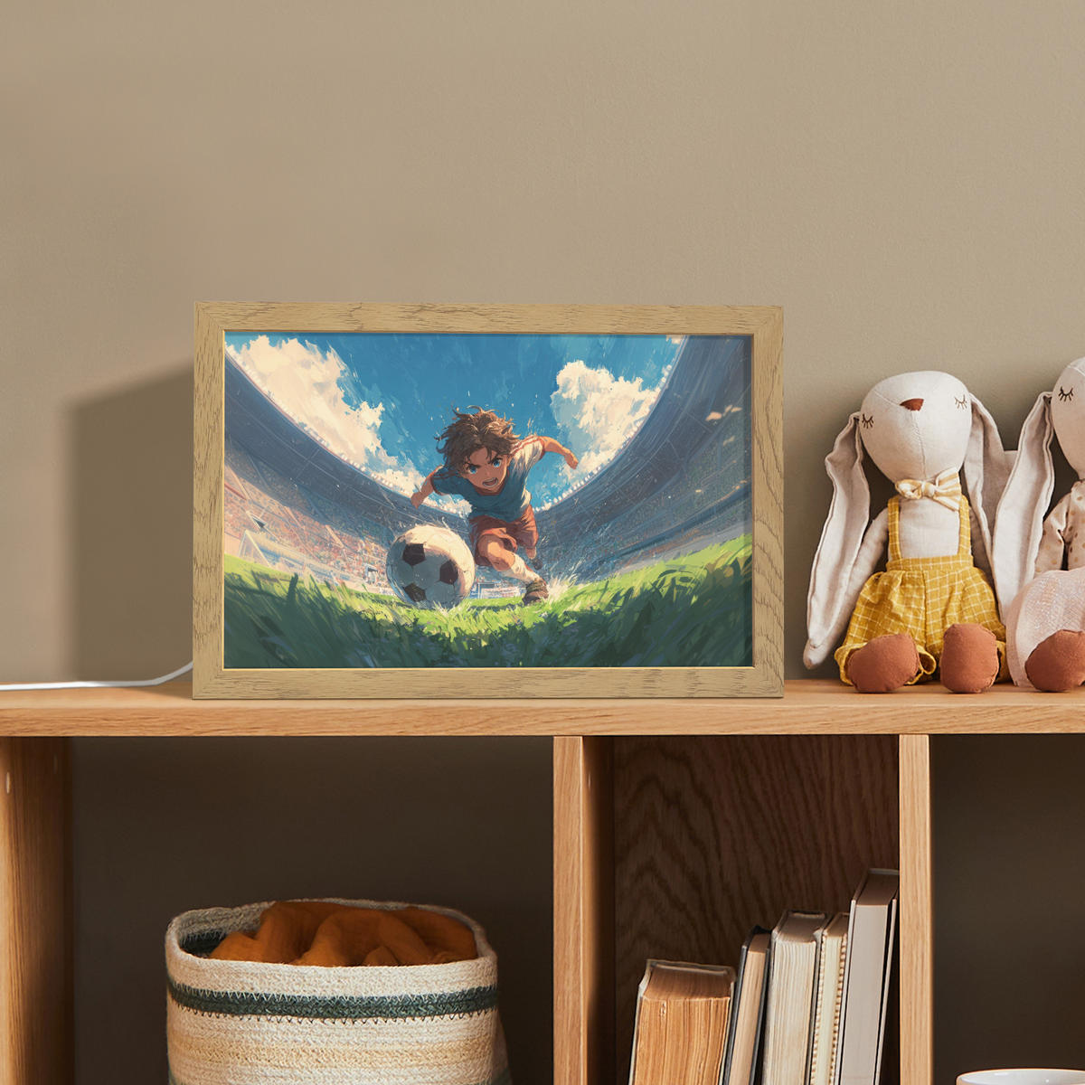 NACHTTISCHLAMPE Stadion - Fußballer - Ball 30x20 cm - Blau, Holzwerkstoff (8/30/20cm)