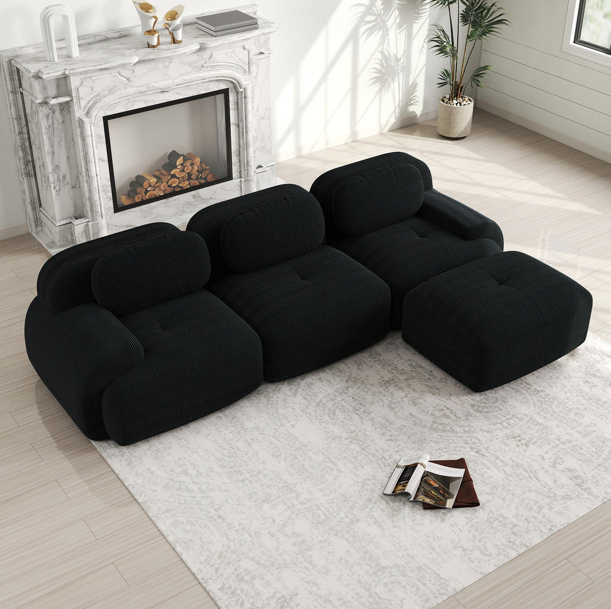 ECKSOFA 298/178/75 cm schwarz aus Cordstoff rahmenlos und montagefrei - Schwarz, Textil (178/298cm) - OKWISH