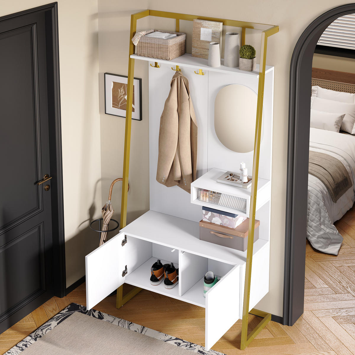 GARDEROBE-SET in Weiß und Gold Flurgarderobe mit Spiegel und Schuhbank für Eingangsbereich und Flur, B78/T38.5/H180.5 cm - Goldfarben/Weiß, Glas/Holzwerkstoff (78/180.5/38.5cm) - STILVORA