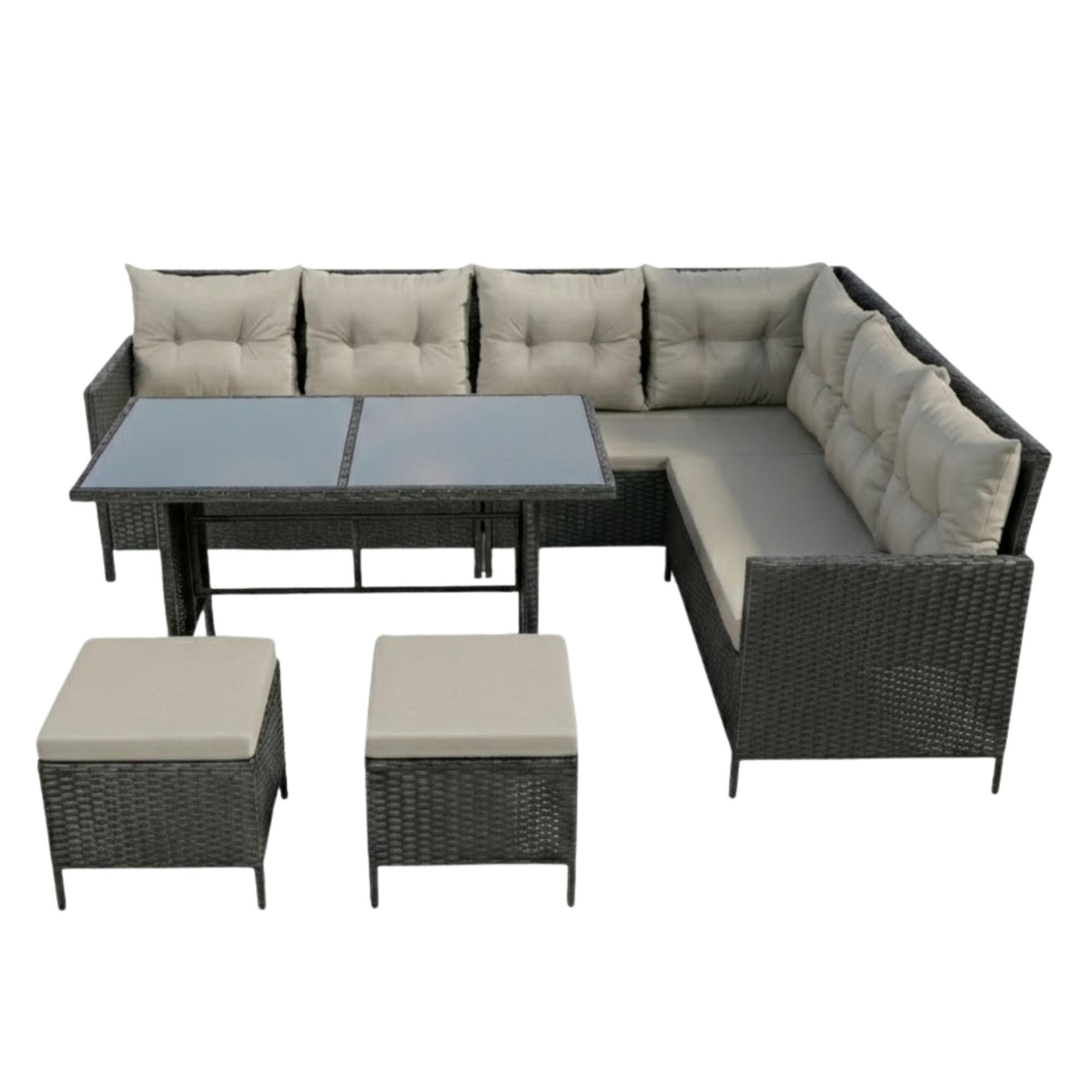 GARTENMÖBEL-SET mit Ecksofa und Esstisch in graue Kissen - Grau, Metall - Home Collective