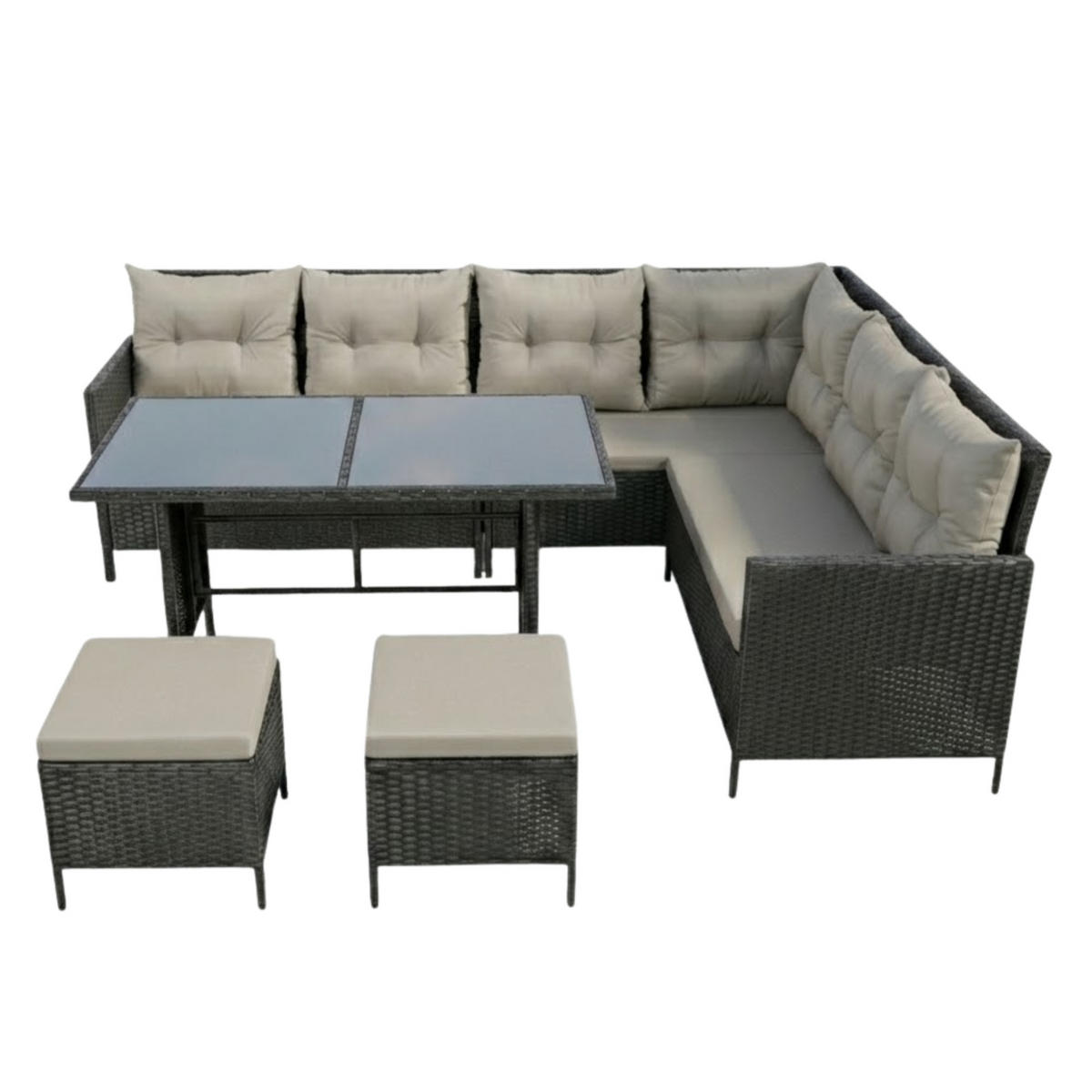 GARTENMÖBEL-SET mit Ecksofa und Esstisch in graue Kissen - Grau, Metall - Home Collective