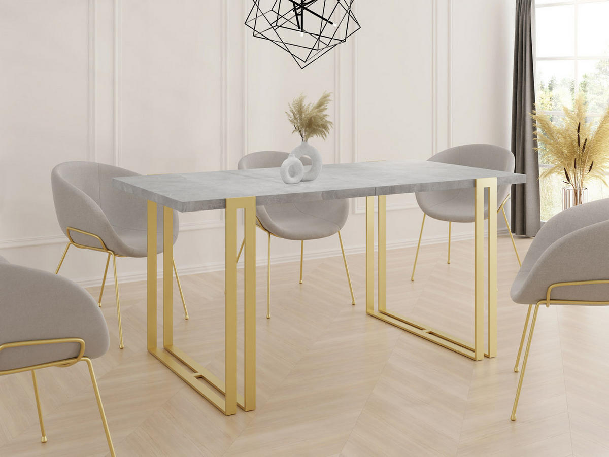 ESSTISCH Stella rechteckig ausziehbar, Grauer Beton 160-260/90/76 cm - Goldfarben/Hellgrau, Holzwerkstoff/Metall (160/90/76cm) - WFL GROUP