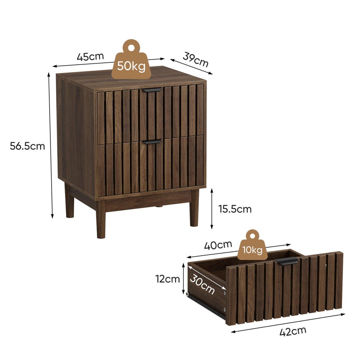 NACHTTISCH aus MDF und Holzwerkstoff 45x39x56,5 cm Walnuss mit 2 Schubladen und offenem Fach im Lattenrost-Design - Walnussfarben, Holzwerkstoff (45/56.5/39cm) - Modfu