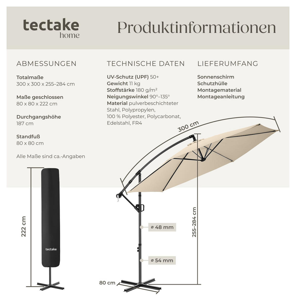 AMPELSCHIRM Artemis, inkl. Schutzhülle, beige - Beige, Metall (300/300cm) - tectake