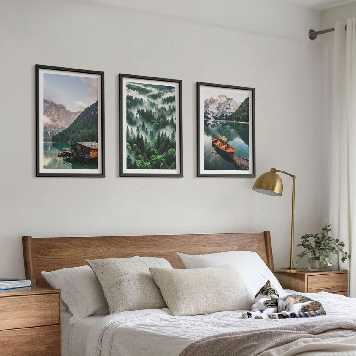 WANDBILDER 3er-Set - 40x60 cm Schwarzer Rahmen - Bergsee, Boot, Waldnebel - Schwarz, Kunststoff (40/60cm) - ArtPrintCave