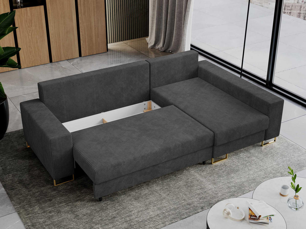 ECKSOFA Dorian Cord Dunkelgrau - Dunkelgrau/Goldfarben, Textil/Metall (242/138cm) - MKS