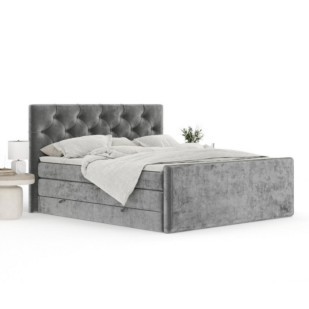Thumbnail - Maison de Reve Boxspringbett, Grau, Textil, Buche, Kiefer, H3 + H4, 7-Zonen, Höhe ca. 40 cm, 200x200 cm, Handmade in Eur...