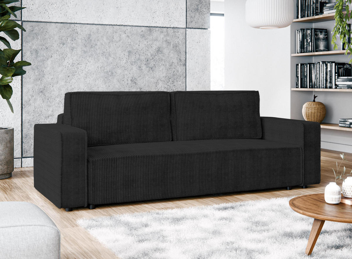 BIGSOFA Aydin Sofa Dunkelgrau 238/94/85 cm Cord mit Schlaffunktion Bettkasten - Dunkelgrau/Schwarz, Kunststoff/Textil (238/85/94cm) - AX Living