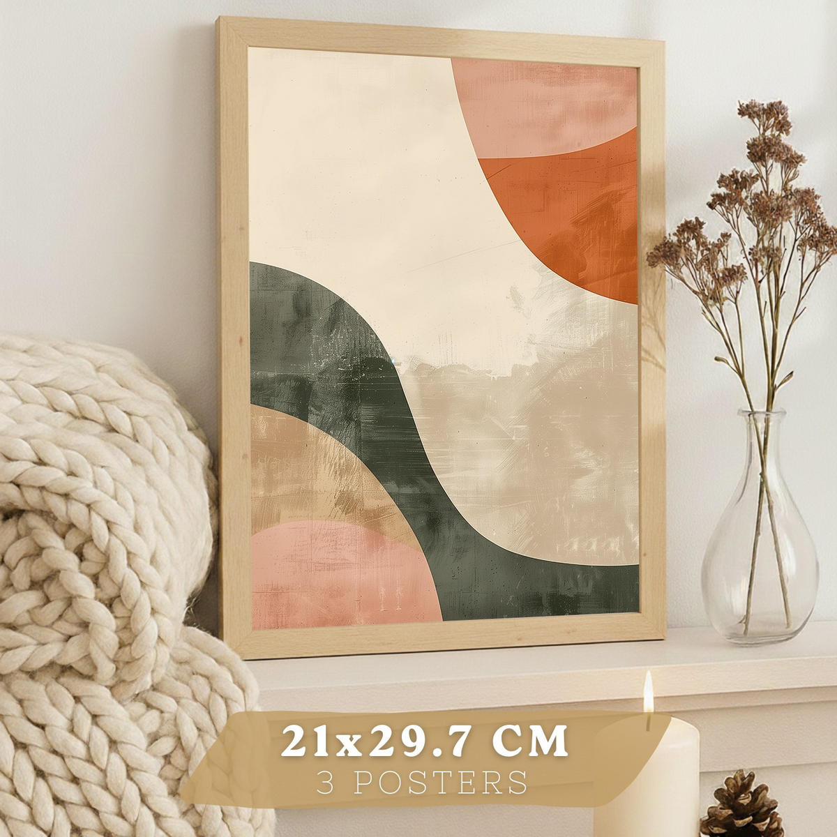 POSTER Set of 3 Abstract Shape Wall Art Prints Modern Brown Green Orange Decor for Living Room Bedroom Kitchen Bathroom Leichter Holzrahmen A4 - Beige, Papier (29.7/1/21cm) - Nacnic