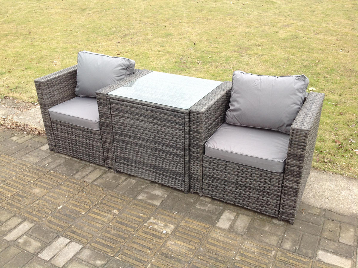 GARTENMÖBELSET mit Couchtisch Polyrattan 2-Sitzer - Dunkelgrau/Grau, Glas/Kunststoff - Fimous