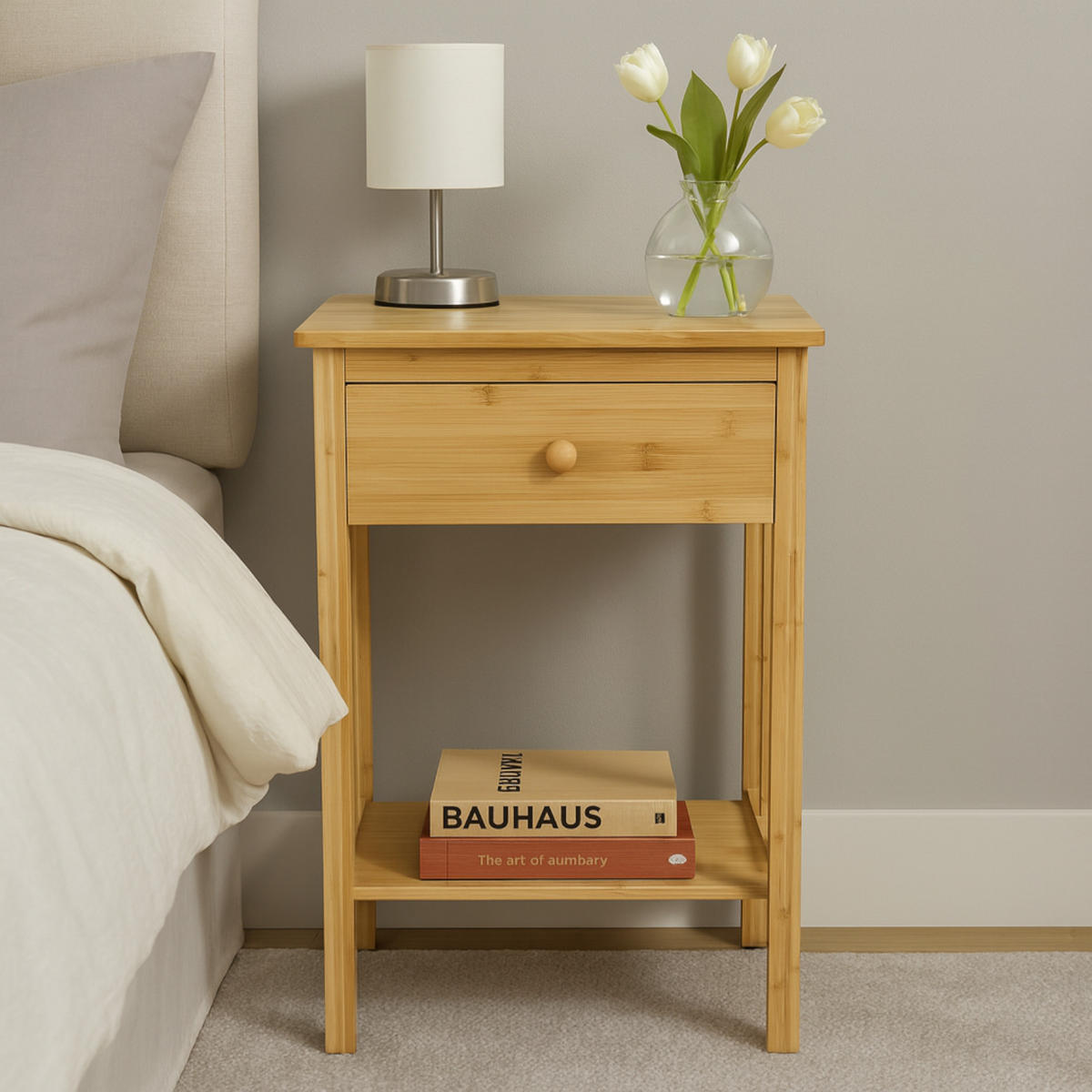 BEISTELLTISCH Bambus Naturfarbe mit Schublade 40/35/60 cm - Naturfarben, Holz (35/40/60cm) - Begryf