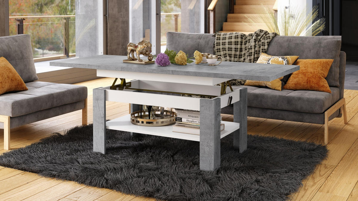 COUCHTISCH rechteckig Beton - Weiß ausziehbar höhenverstellbar - Hellgrau/Weiß, Holzwerkstoff (65/130/58cm) - designimpex