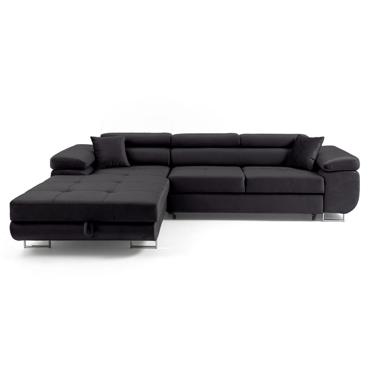 ECKSOFA ALONZO L Links mit Schlaffunktion 125x195 Velours Schwarz - Silberfarben/Schwarz, Holz/Textil (275/203cm) - Muffo