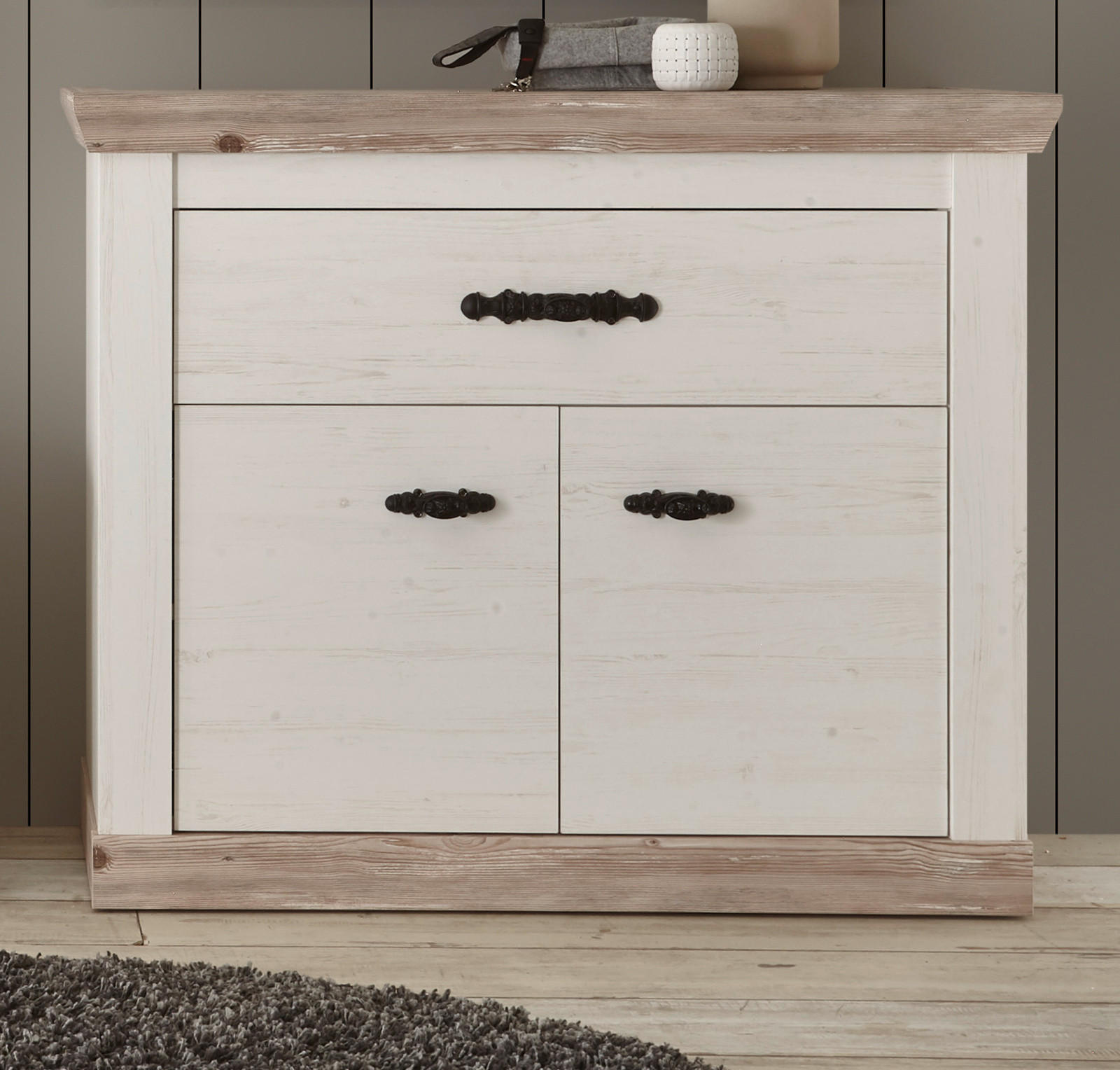 KOMMODE Pinie weiß, Oslo Pinie Landhaus, 107 x 89 cm - Anthrazit/Weiß, Holzwerkstoff/Metall (107/87/45cm) - Furn.Design