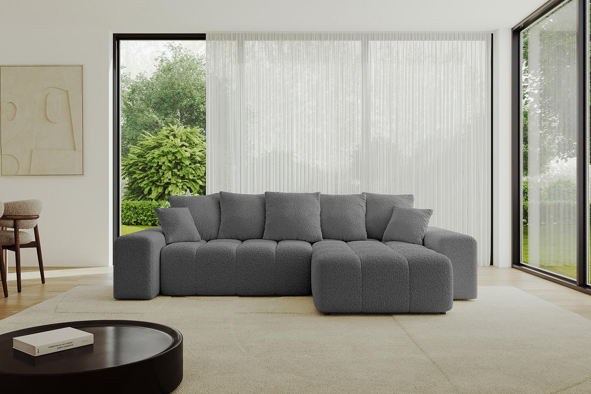 ECKSOFA Ottomane rechts ENIL-L 297x189x68 Grau Bouclé - Platinfarben, Holzwerkstoff/Kunststoff (189/297cm) - ALTDECOR