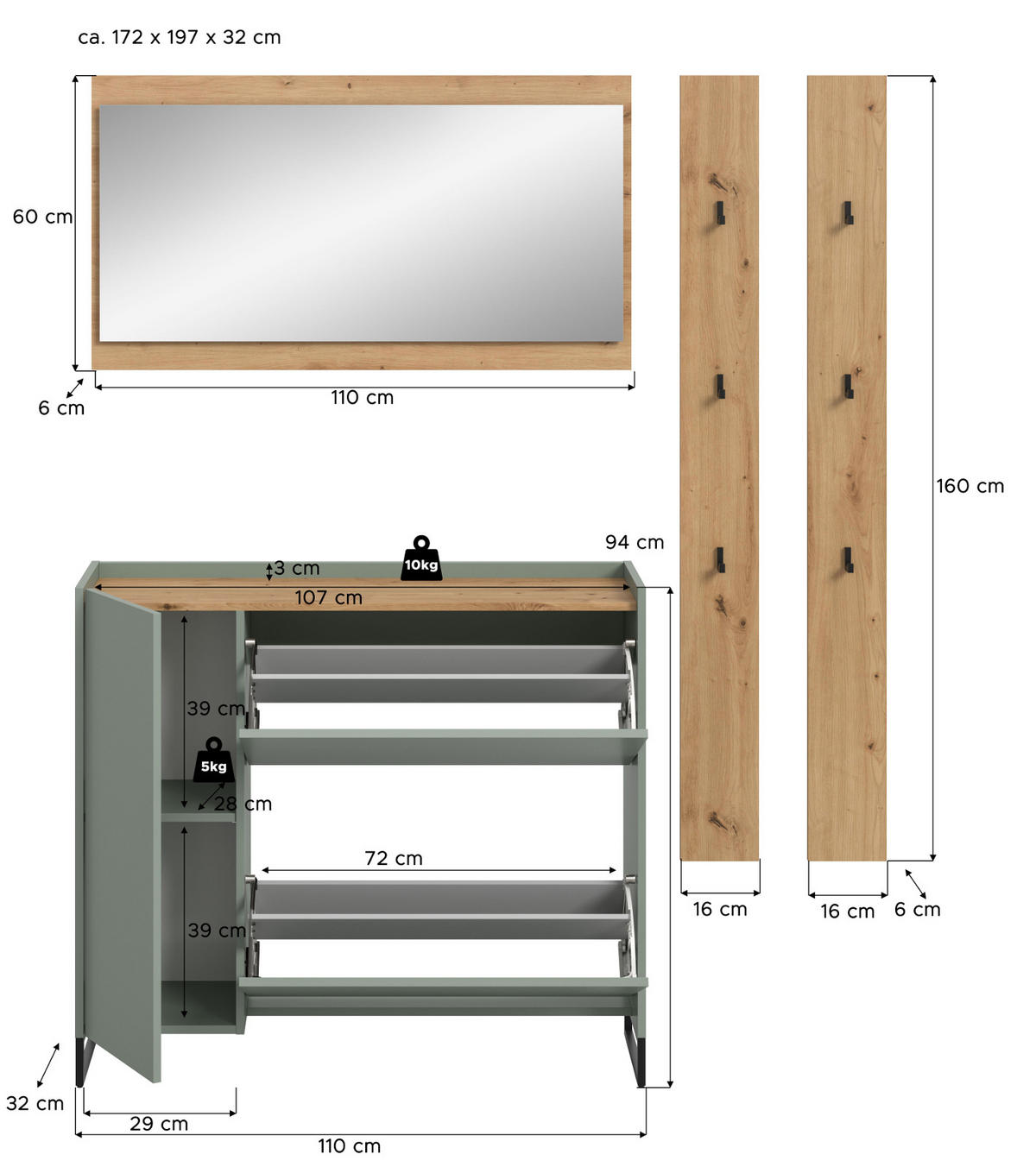 GARDEROBEN-SET Salbei und Artisan Eiche, Garderobe 172 x 197 cm, Soft-Close - Salbeigrün/Schwarz, Holzwerkstoff/Metall (172/197/32cm) - Inn.Furn