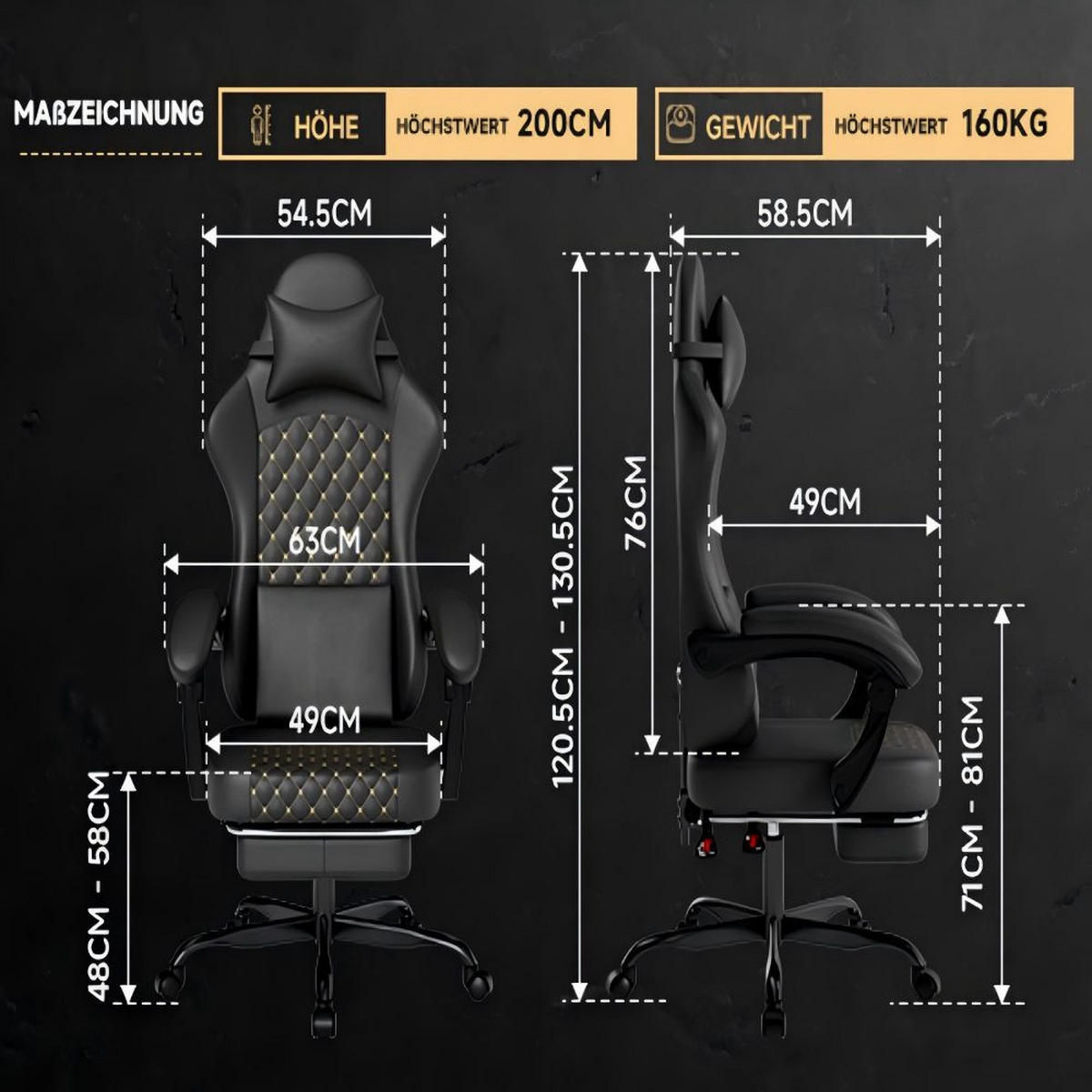 GAMINGSTUHL Bürostuhl Massage Fußstütze ergonomisch 150 kg Schwarz - Schwarz, Leder (63/120.5/58.5cm)