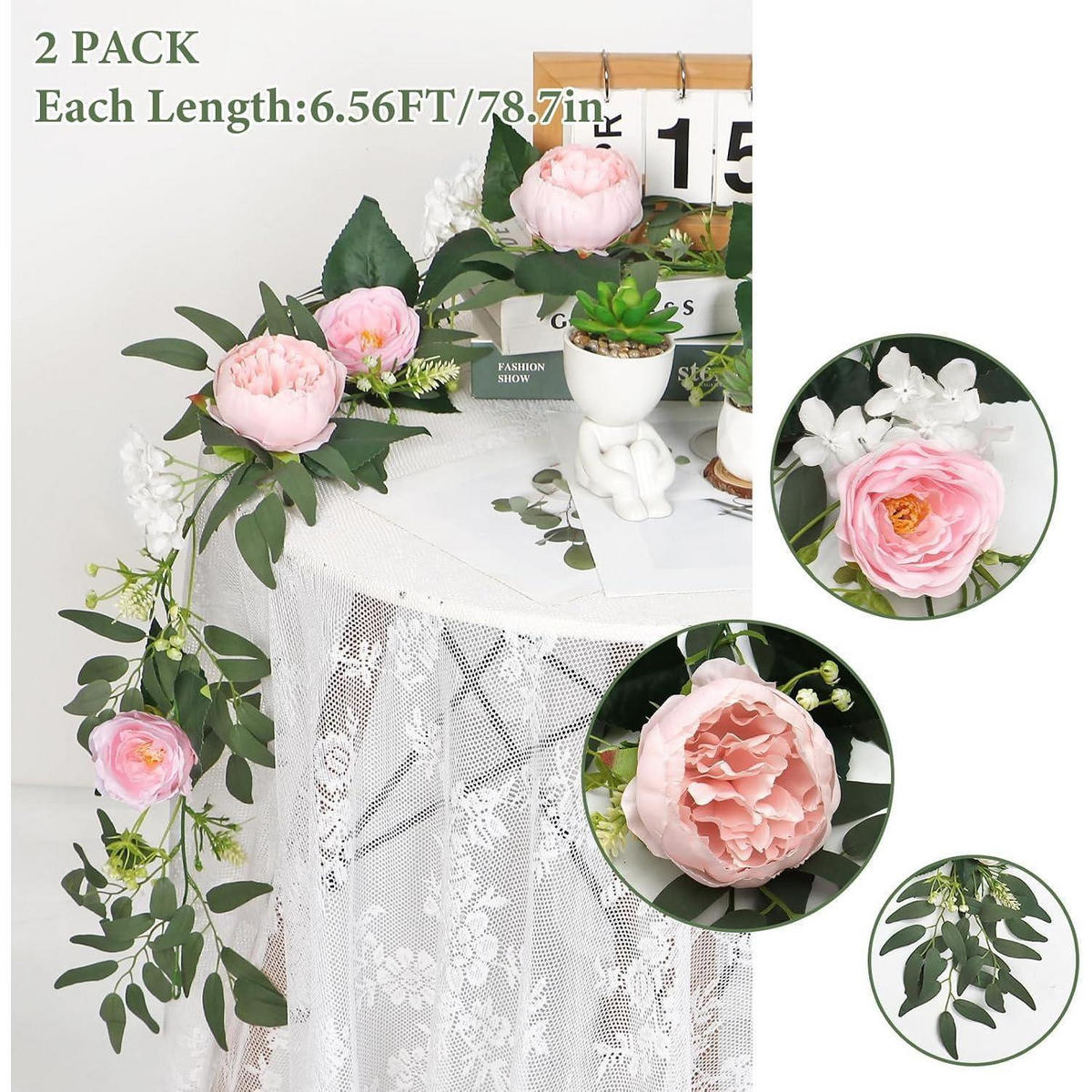 KÜNSTLICHE Blumen Girlande Eukalyptus Pfingstrose 200 cm Hellrosa 2 Stück - Rosa, Kunststoff (10cm)