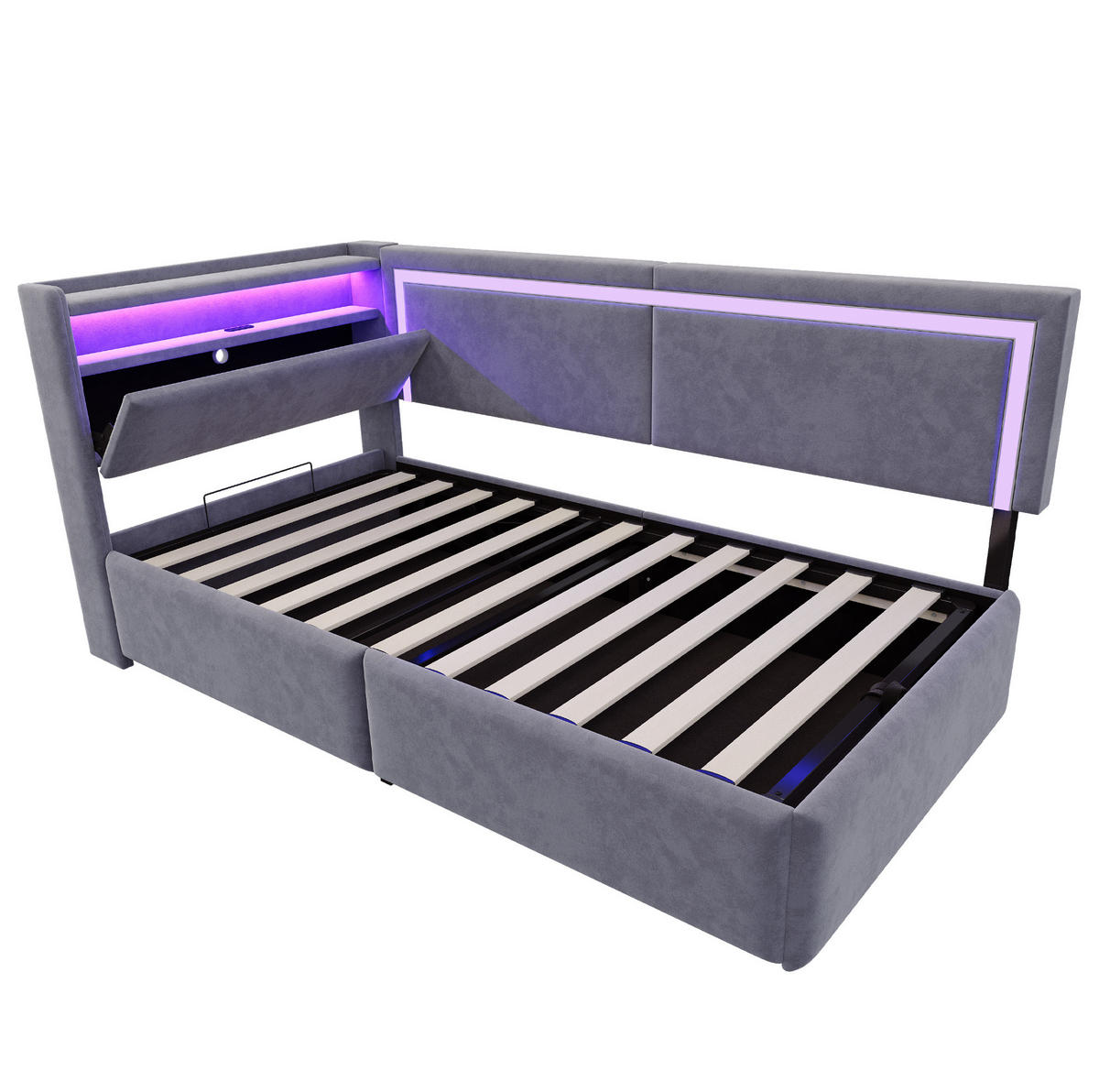 ROZKLADACIA posteľ 90/200 cm tmavosivá so LED osvetlením USB a úložným priestorom zo zamatu - sivá, textil (90/200cm) - OKWISH
