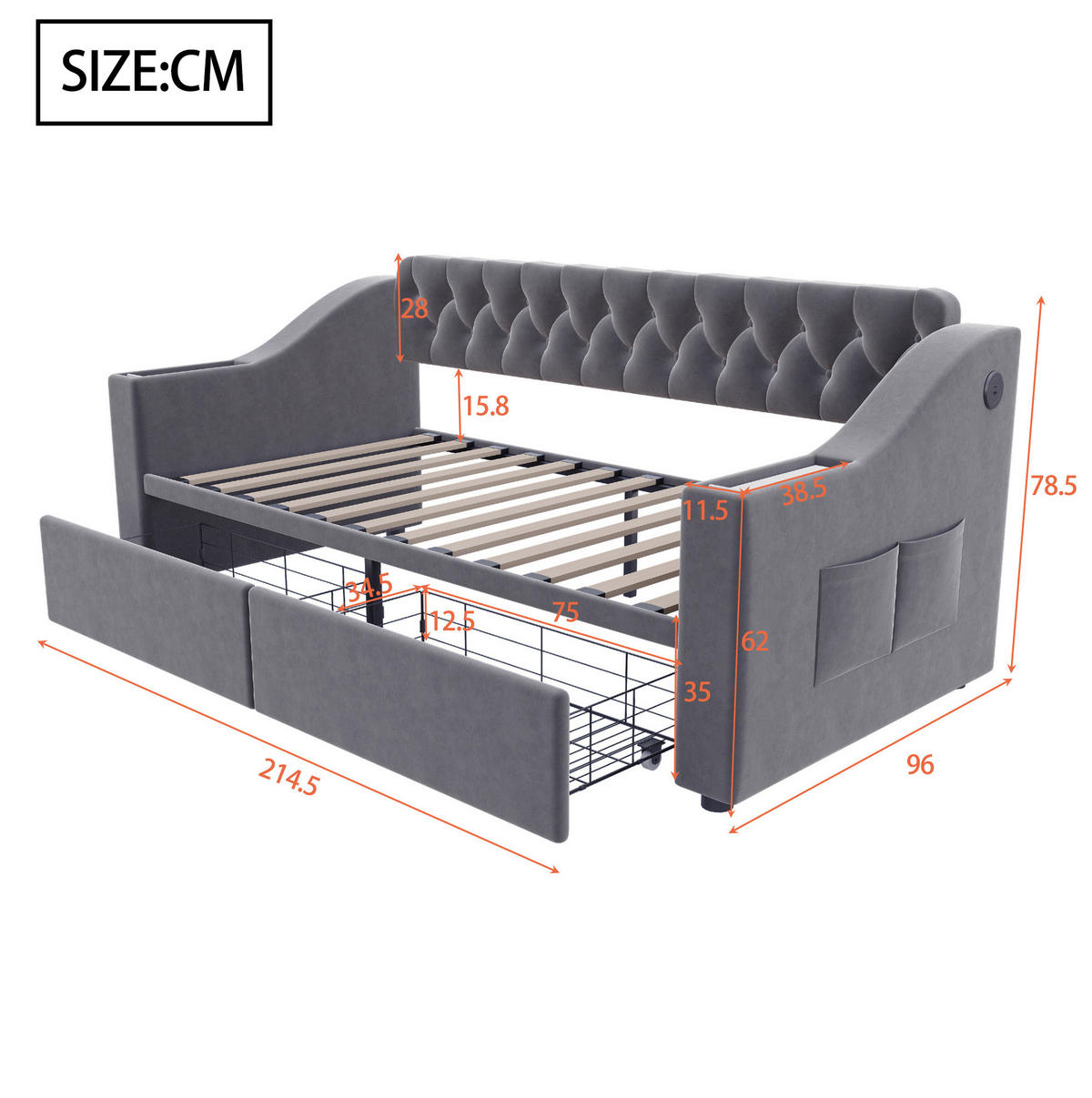 POLSTERBETT aus Samt 90x190 cm Dunkelgrau mit USB- und Typ-C-Anschluss, Stauraumarmlehnen und 2 Schubladen - Grau, Textil (90/190cm) - Modfu