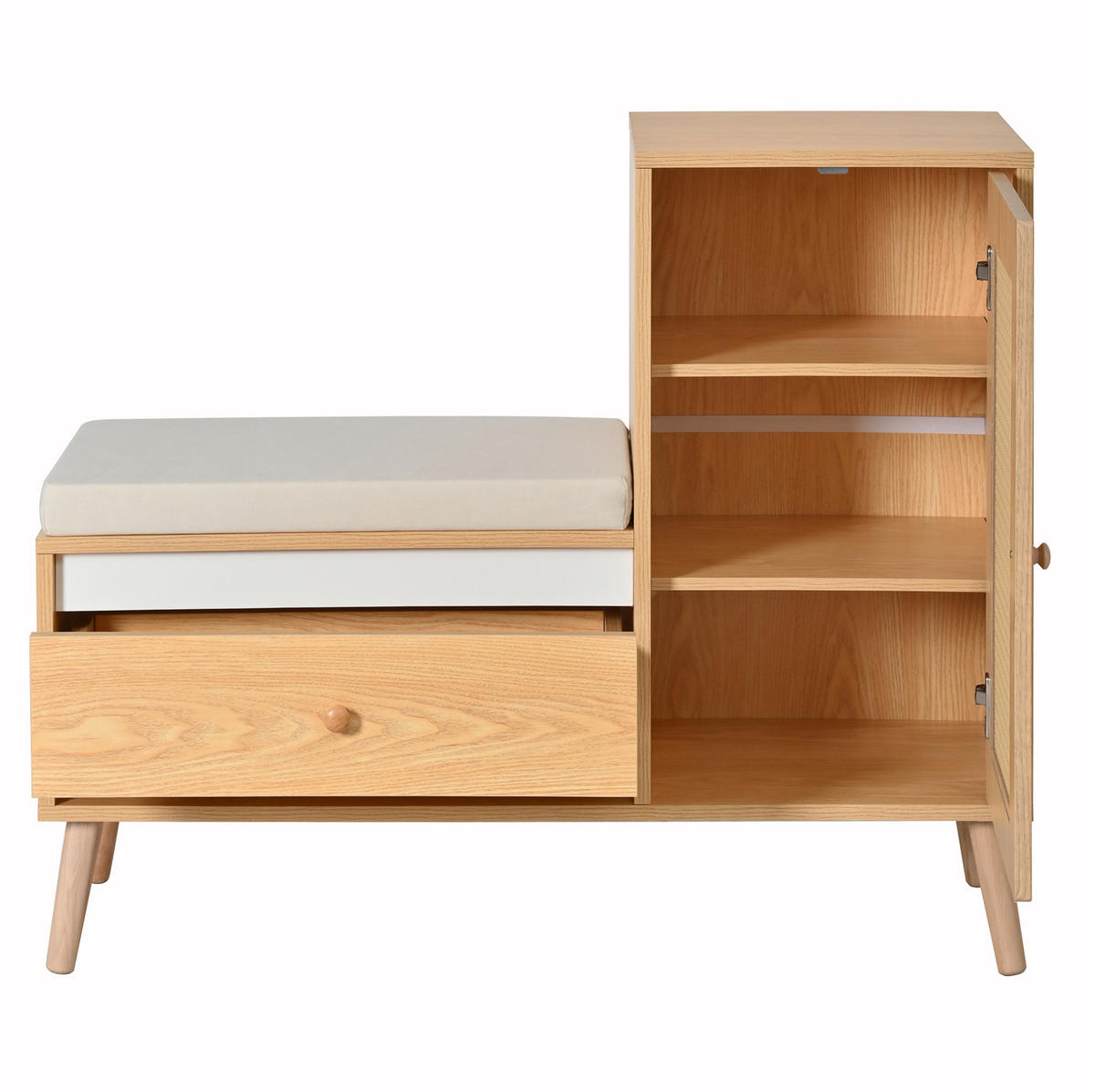 SCHUHBANK 95,5/35/80,5 cm mit Sitzkissen, Schubladen und Rattan-Optik - Eichefarben, Holzwerkstoff (95.5/80.5/35cm) - BEAOK