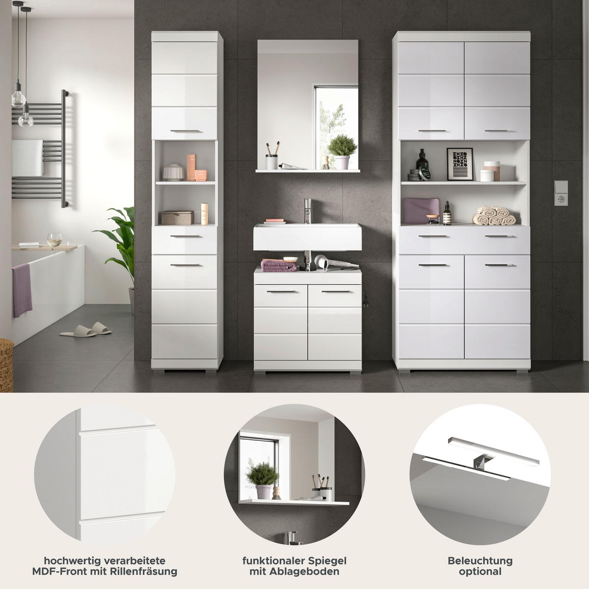 BADKOMBINATION 4tlg. Scout Bad in weiß Nachbildung und weiß hochglanz B/H/T: 186x191x34 cm - Weiß, Holz (186/191/34cm)