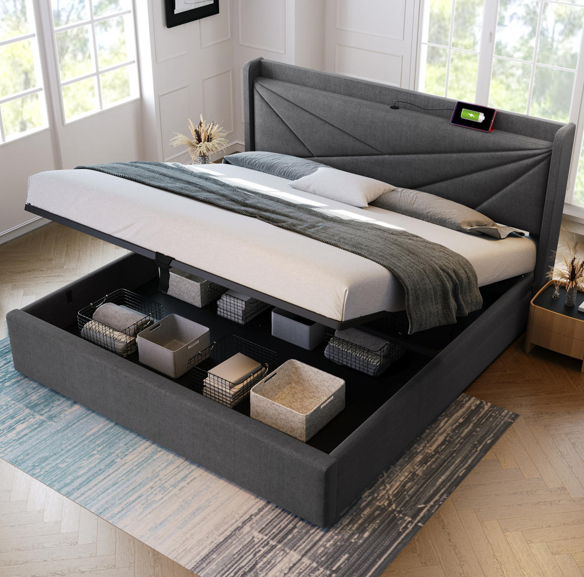 POLSTERBETT 140/200 cm mit USB- und Typ-C-Anschluss, Bettkasten und geometrischem Kopfteil, Grau - Grau, Textil (140/140cm) - Redom