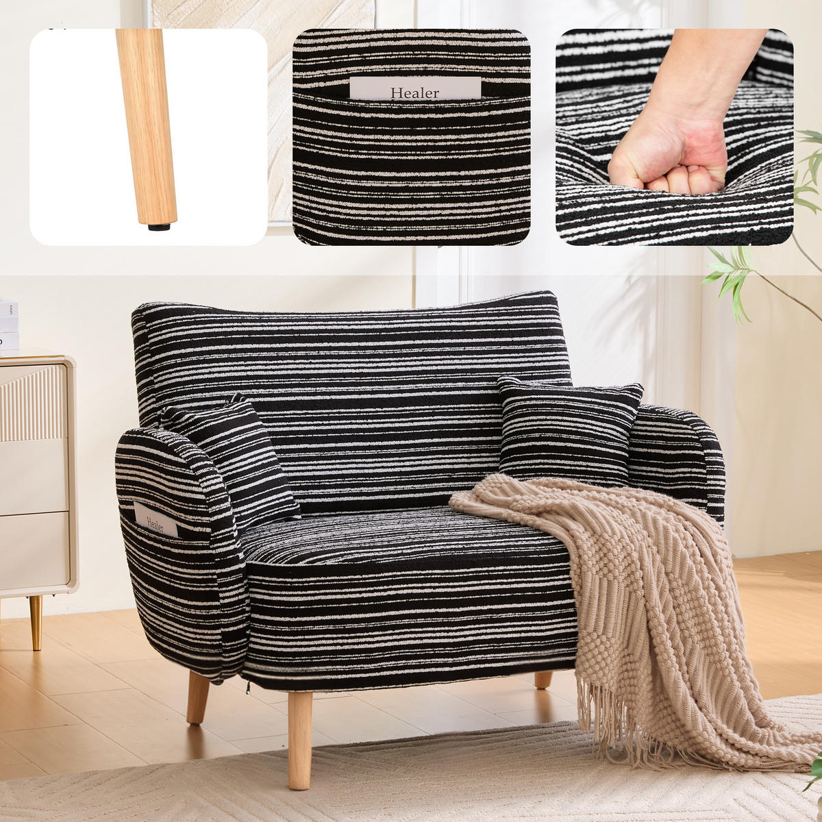 2-SITZER Stoff Sessel Schwarz mit Armlehnen & Seitentasche - Schwarz, Textil/Metall (121/87/81cm) - PARAFTA HOME