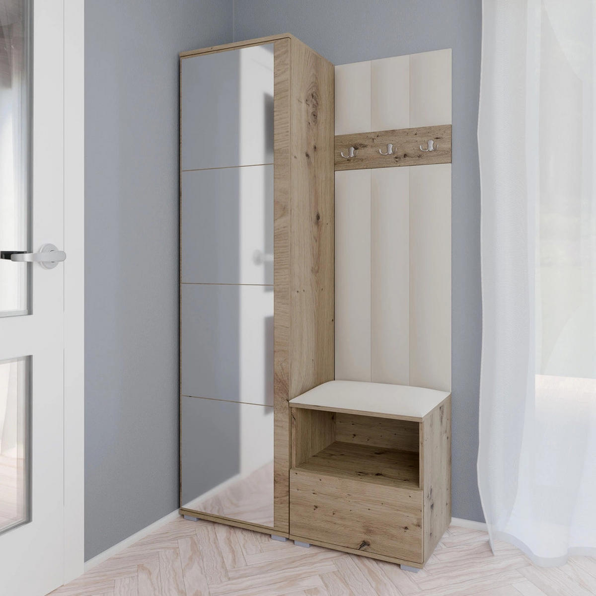 GEPOLSTERT Garderoben-Set Nela I LUX (Spiegel – Farbe Eiche Artisan + Stoff Trinity 01) - Silberfarben/Creme, Holz/Holzwerkstoff (100/187/40cm) - Ravio