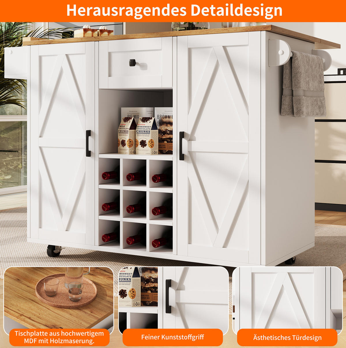 KÜCHENINSEL 137,5/40/95,6 cm weiß mit Klapptisch mit Snackregalen - Weiß, Holzwerkstoff (137.5/95.6/65cm) - OKWISH