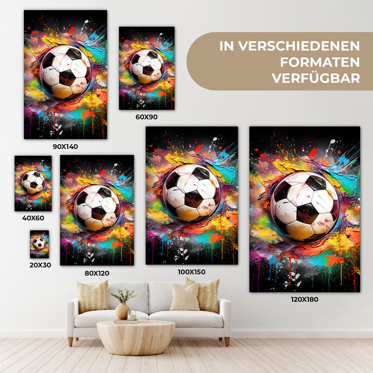 LEINWANDBILD Fußball - Farbe - Farben - Schwarz - Weiß 20x30 cm - Weiß, Textil (20/30cm) - MuchoWow