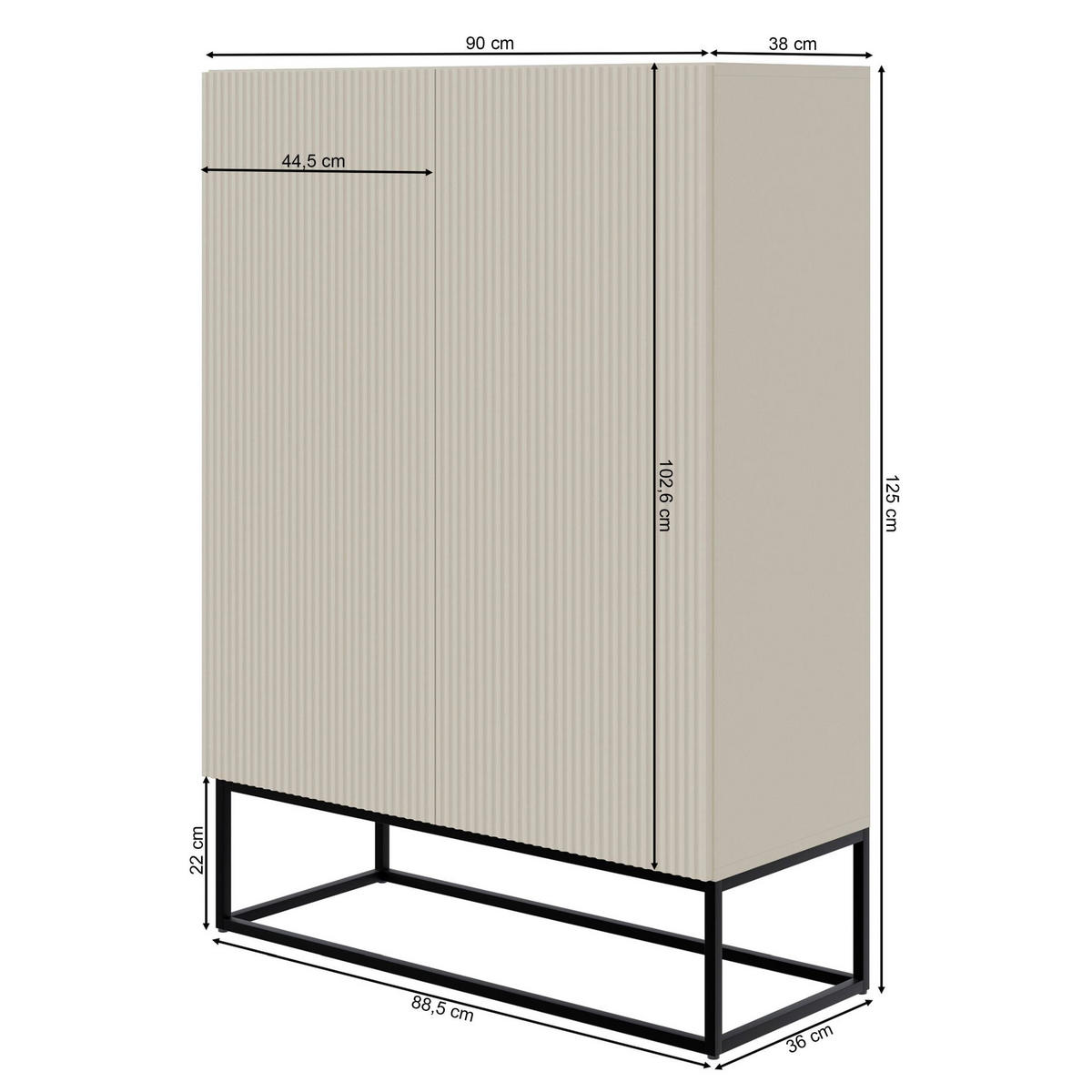 HIGHBOARD 2dverová Veldio sivobéžová s čiernym kovovým rámom 90 cm - čierna/sivobéžová, kov/kompozitné drevo (125/90/38cm) - Selsey