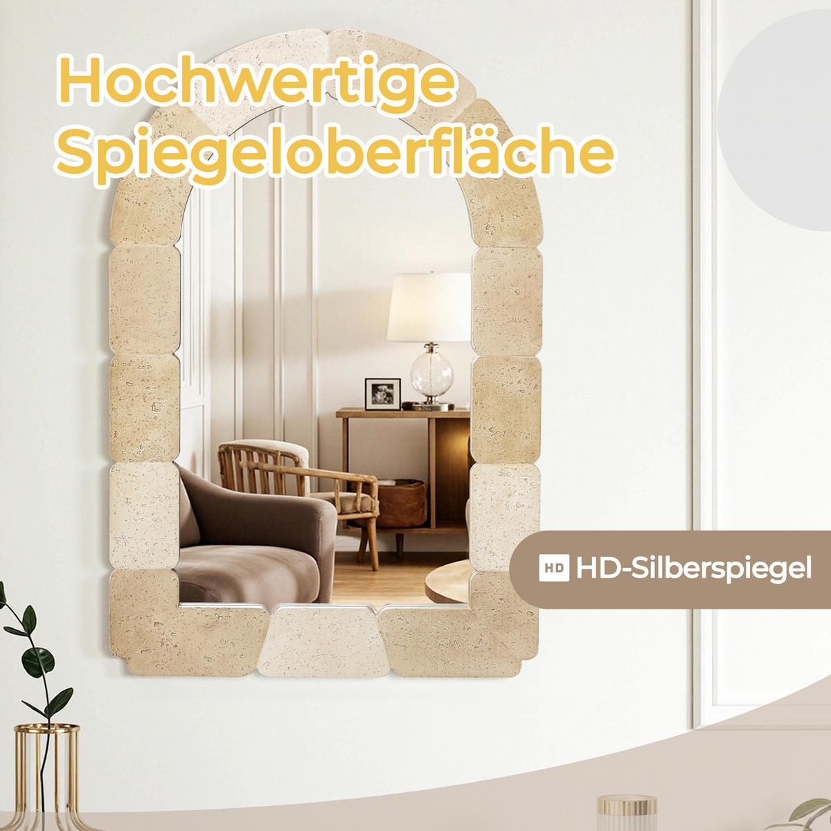 78CM H Bogenförmiger Wandspiegel, Geeignet für Wohnzimmer, Schlafzimmer, Badezimmer und Flur Boho-Stil MDF-Material - Beige/Hellgelb, Holz/Kunststoff (78/3/52cm) - Hometopia
