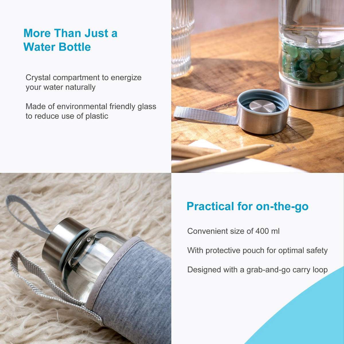 WASSERFLASCHE mit Heilsteinen und Tasche 400ml - Grün, Glas (0.4L) - Intirilife