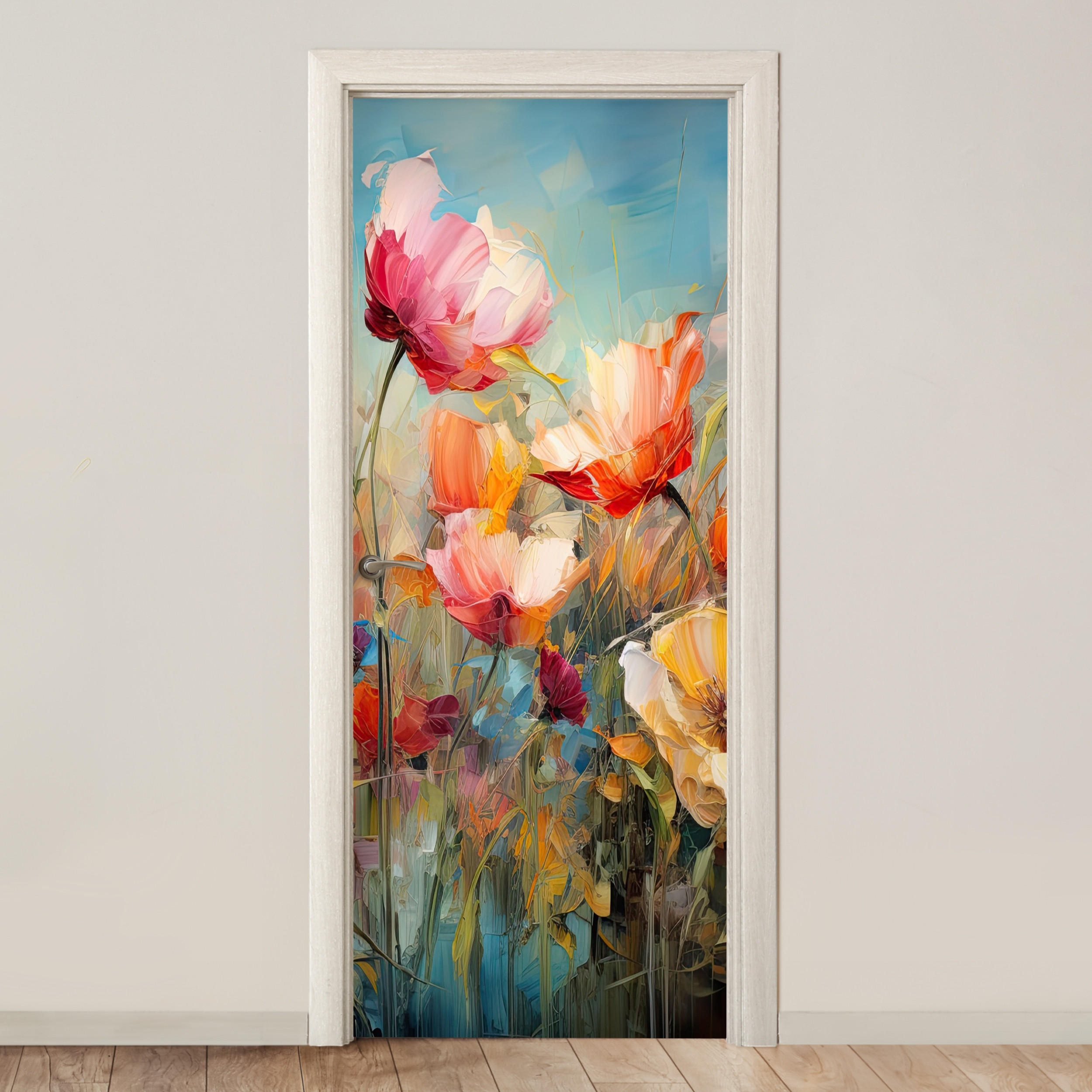 FOTOTAPETE Tür - Blumen - Aquarell - Kunst - Botanisch - Natur 95x235 cm - Orange, Kunststoff (95/0.1cm) - MuchoWow