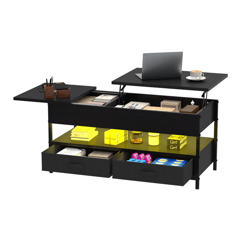 COUCHTISCH Höhenverstellbar 16 Farben LED 106x50x51.5 cm Holz mit Schubladen - Schwarz, Holz (1/1/1cm) - Kaket