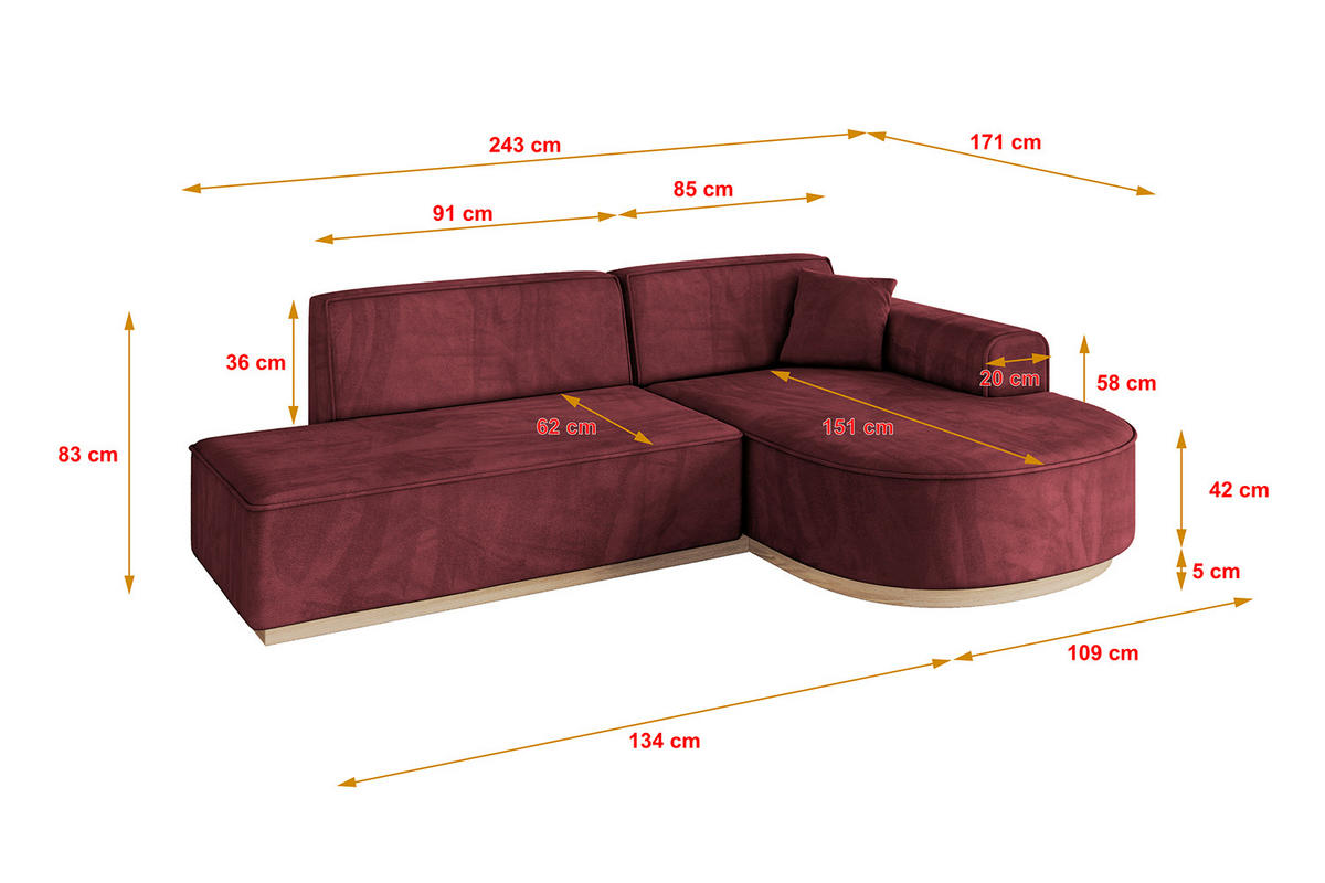 ECKSOFA Ottomane Rechts ARRIO-L1 - 243x171x83 cm Bordeauxrot - Bordeaux/Schwarz, Holzwerkstoff/Kunststoff (243/171cm) - ALTDECOR