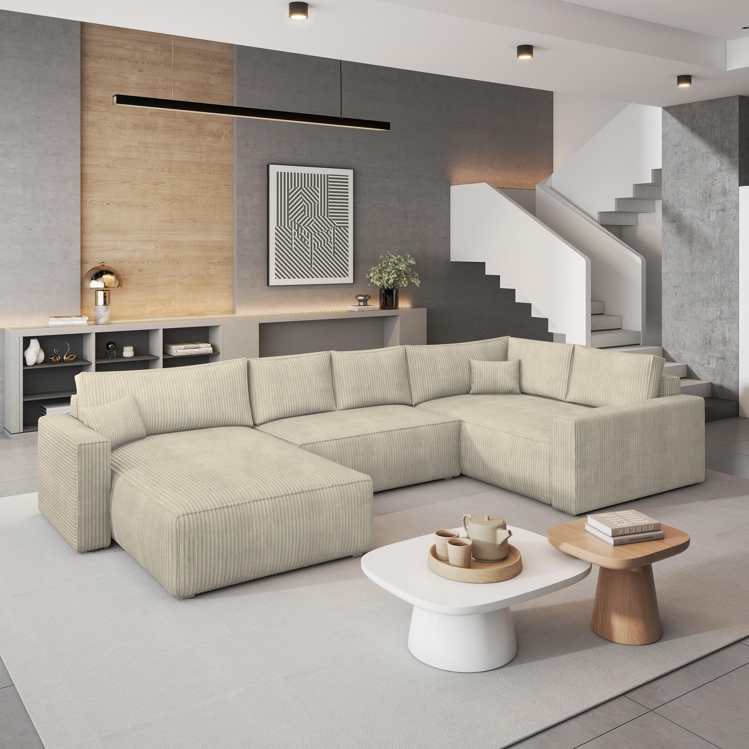 WOHNLANDSCHAFT VELAMI R-S Creme Kordstoff mit Schlaffunktion - Creme, Holz (365/83/194cm) - MASSENO
