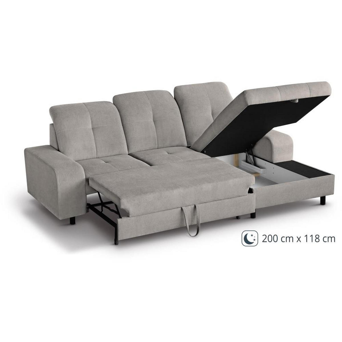 ECKSCHLAFSOFA Leon L Hellgrau - Hellgrau/Schwarz, Kunststoff/Textil (255/120cm) - Beautysofa