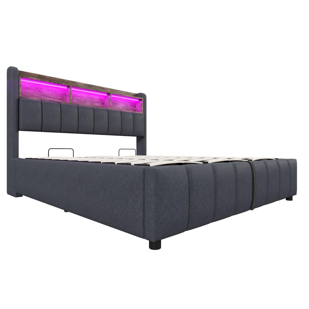 POLSTERBETT 180/200 cm Grau aus Leinenstoff mit LED-Beleuchtung und Stauraum - Grau, Textil (180/200cm) - OKMYHOME