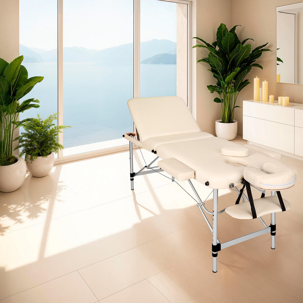 MASSAGELIEGE 3 Zonen, 210 x 95 x 89 cm,beige - Beige, Metall (95/89/210cm) - tectake