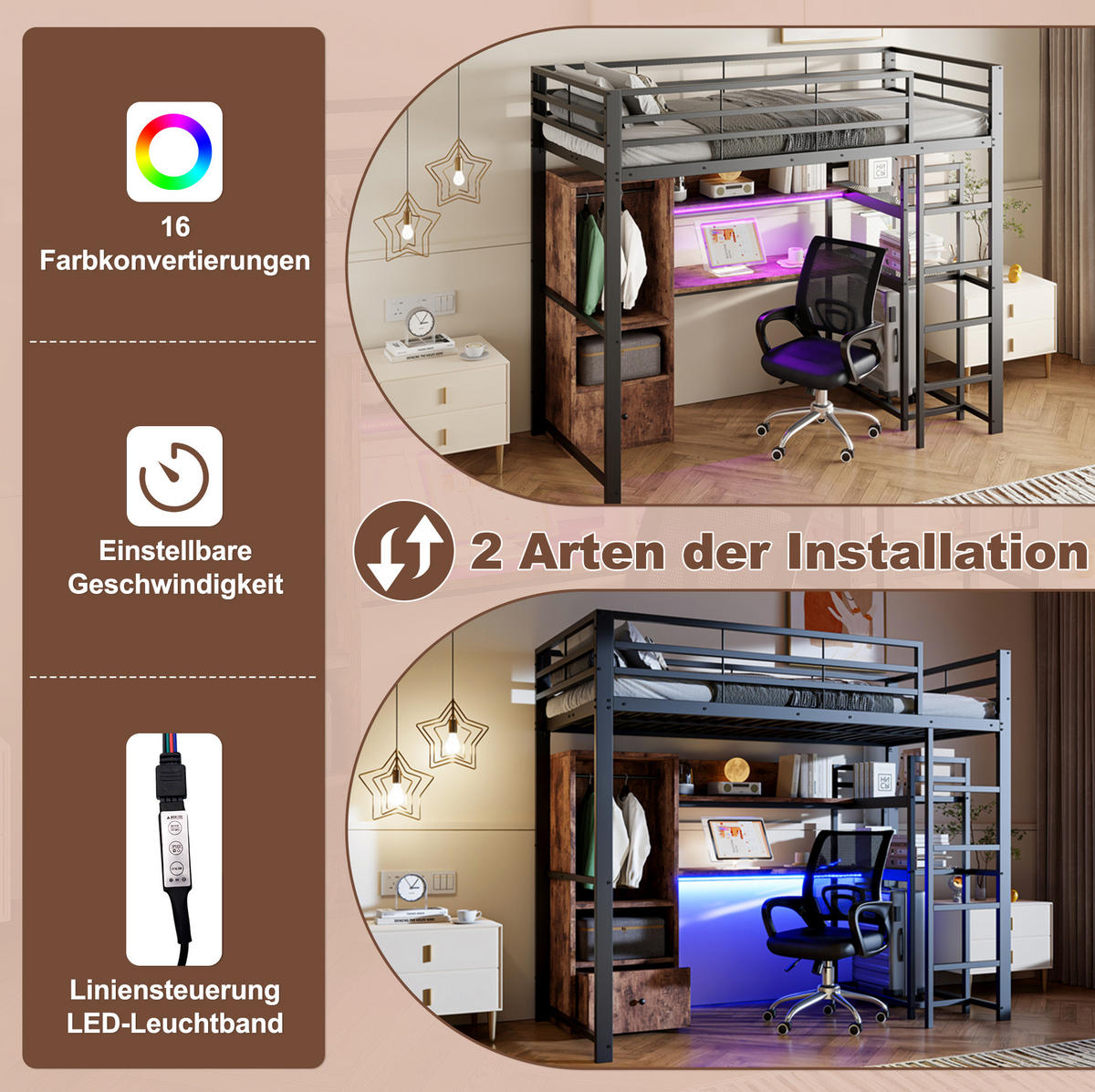 HOCHBETT 90/200 cm schwarz aus Metall/MDF mit Schreibtisch - Schwarz, Holzwerkstoff (90/200cm) - OKWISH