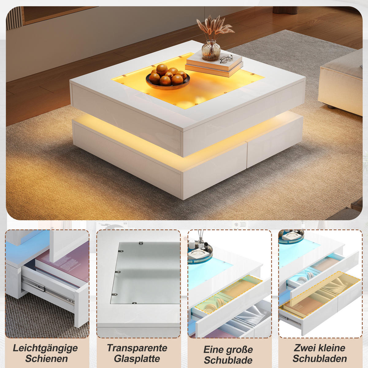 COUCHTISCH DE-37117 quadratisch mit Glasplatte, LED und 3 Schubladen Weiß - Weiß, Holzwerkstoff (70/70/35cm) - ComfortXL