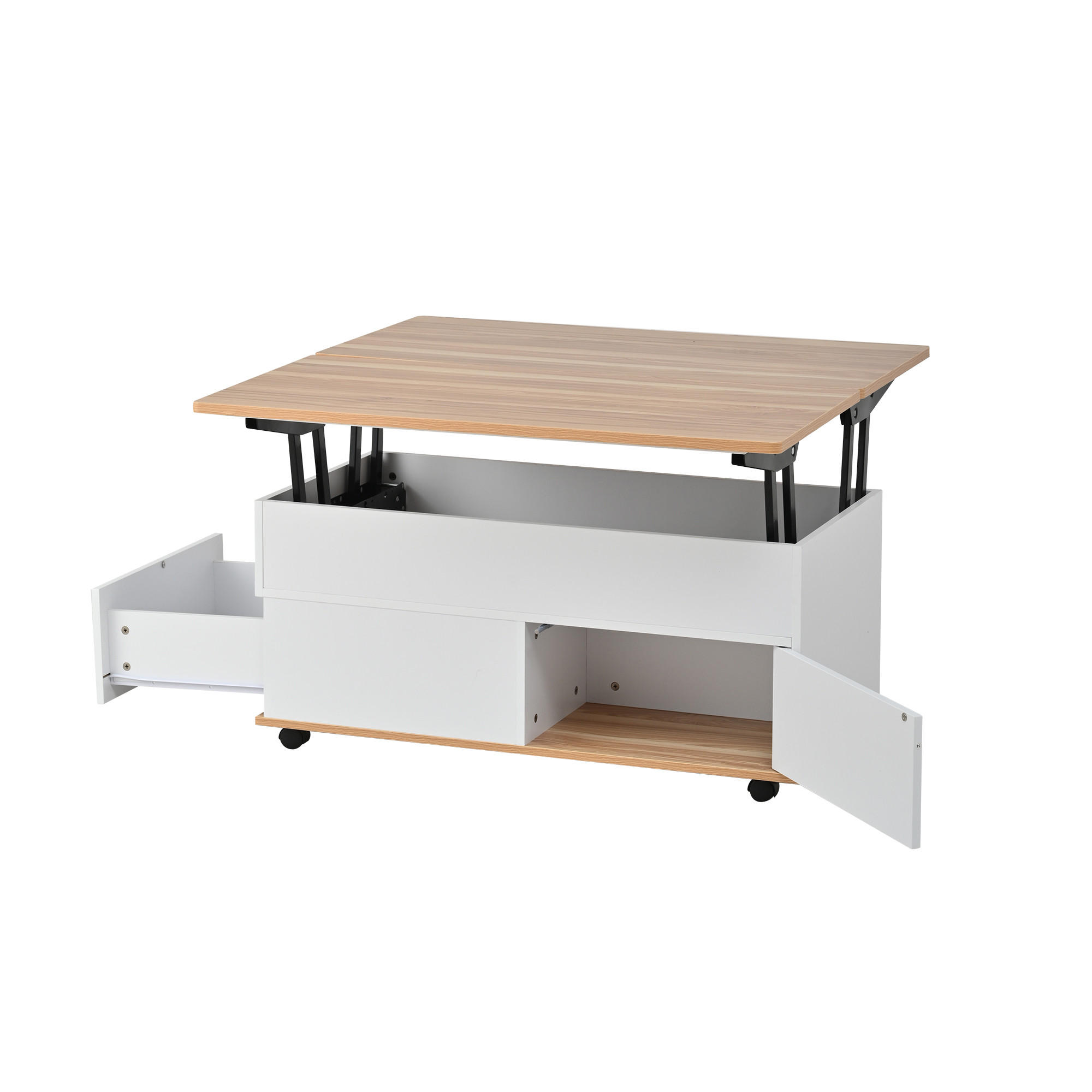 COUCHTISCH DE-37100 höhenverstellbar mit Stauraum und Rollen Weiß/Natur - Weiß, Holzwerkstoff (100/98/65cm) - ComfortXL